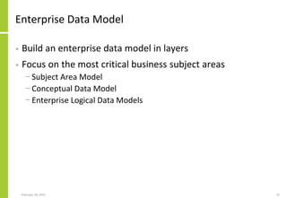 February 18, 2015 32
Enterprise Data Model
• Build an enterprise data model in layers
• Focus on the most critical business subject areas
− Subject Area Model
− Conceptual Data Model
− Enterprise Logical Data Models
 