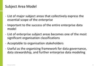 February 18, 2015 33
Subject Area Model
• List of major subject areas that collectively express the
essential scope of the enterprise
• Important to the success of the entire enterprise data
model
• List of enterprise subject areas becomes one of the most
significant organisation classifications
• Acceptable to organisation stakeholders
• Useful as the organising framework for data governance,
data stewardship, and further enterprise data modeling
 