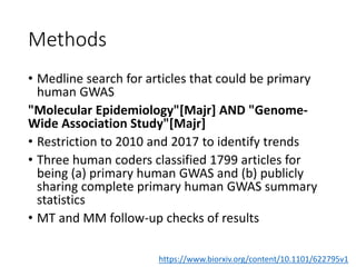 Methods
• Medline search for articles that could be primary
human GWAS
"Molecular Epidemiology"[Majr] AND "Genome-
Wide As...