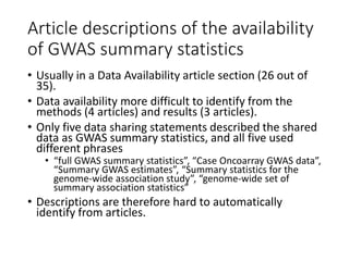 Article descriptions of the availability
of GWAS summary statistics
• Usually in a Data Availability article section (26 out of
35).
• Data availability more difficult to identify from the
methods (4 articles) and results (3 articles).
• Only five data sharing statements described the shared
data as GWAS summary statistics, and all five used
different phrases
• “full GWAS summary statistics”, “Case Oncoarray GWAS data”,
“Summary GWAS estimates”, “Summary statistics for the
genome-wide association study”, “genome-wide set of
summary association statistics”
• Descriptions are therefore hard to automatically
identify from articles.
 