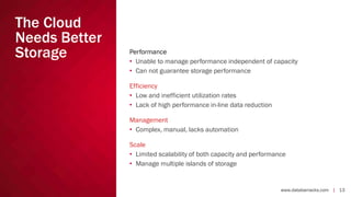 The Cloud
Needs Better
Storage

Performance
• Unable to manage performance independent of capacity
• Can not guarantee storage performance
Efficiency
• Low and inefficient utilization rates
• Lack of high performance in-line data reduction
Management
• Complex, manual, lacks automation
Scale
• Limited scalability of both capacity and performance
• Manage multiple islands of storage

www.databarracks.com | 13

 