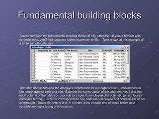 Tables comprise the fundamental building blocks of any database.  If you're familiar with spreadsheets, you'll find database tables extremely similar.  Take a look at this example of a table sample database: The table above contains the employee information for our organization -- characteristics like name, date of birth and title.  Examine the construction of the table and you'll find that each column of the table corresponds to a specific employee characteristic (or  attribute  in database terms).  Each row corresponds to one particular employee and contains his or her information.  That's all there is to it!  If it helps, think of each one of these tables as a spreadsheet-style listing of information. Fundamental building blocks 