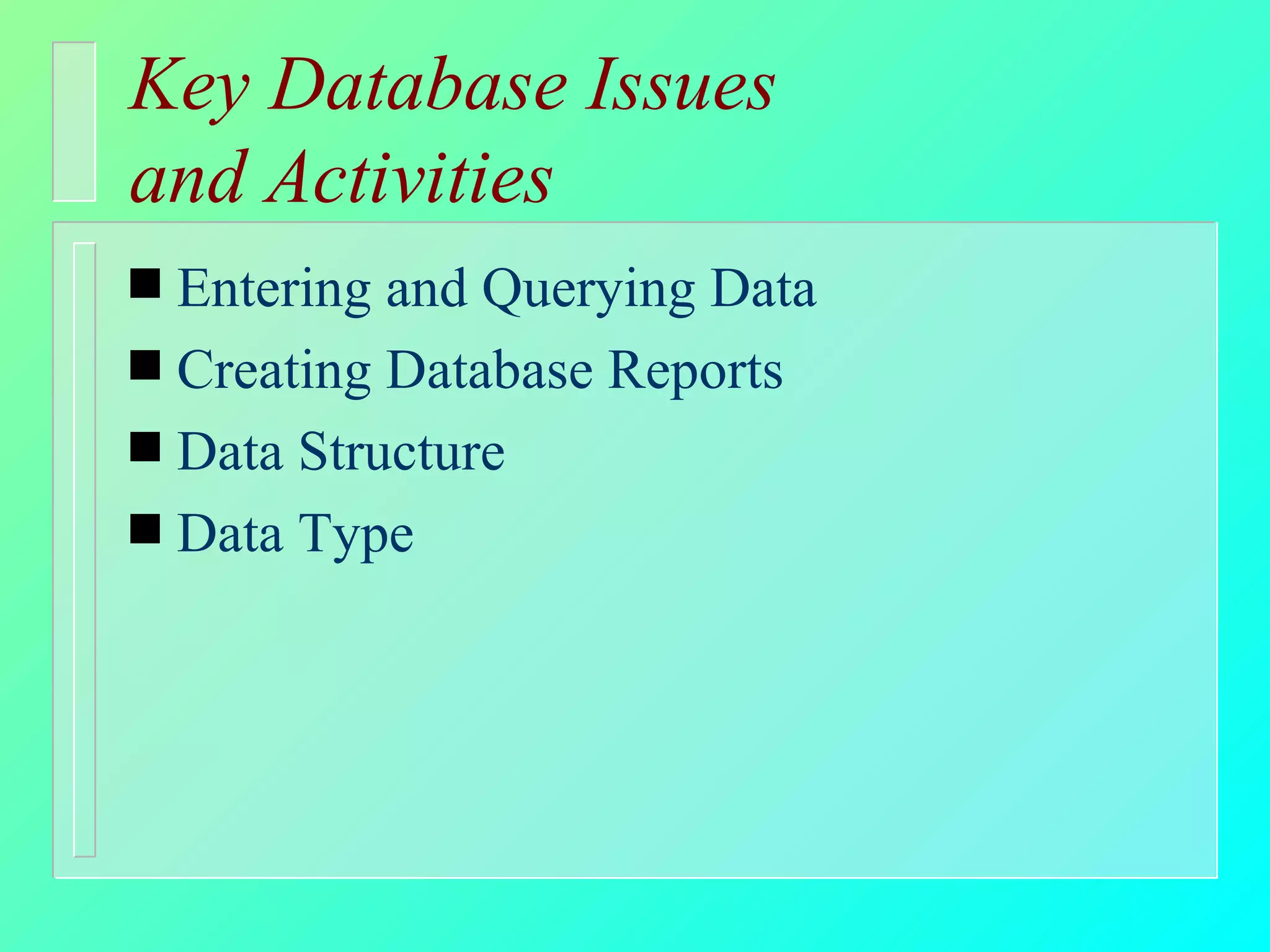 Key Database Issues  and Activities Entering and Querying Data Creating Database Reports Data Structure Data Type 