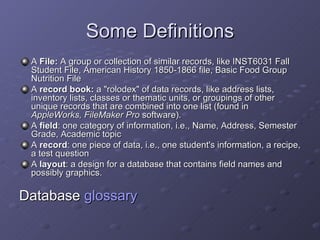 Some Definitions
 A File: A group or collection of similar records, like INST6031 Fall
 Student File, American History 1850-1866 file, Basic Food Group
 Nutrition File
 A record book: a "rolodex" of data records, like address lists,
 inventory lists, classes or thematic units, or groupings of other
 unique records that are combined into one list (found in
 AppleWorks, FileMaker Pro software).
 A field: one category of information, i.e., Name, Address, Semester
 Grade, Academic topic
 A record: one piece of data, i.e., one student's information, a recipe,
 a test question
 A layout: a design for a database that contains field names and
 possibly graphics.

Database glossary
 