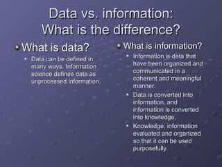 Data vs. information:
       What is the difference?
What is data?                  What is information?
   Data can be defined in
                                  Information is data that
    many ways. Information         have been organized and
    science defines data as        communicated in a
    unprocessed information.       coherent and meaningful
                                   manner.
                                  Data is converted into
                                   information, and
                                   information is converted
                                   into knowledge.
                                  Knowledge; information
                                   evaluated and organized
                                   so that it can be used
                                   purposefully.
 