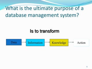 What is the ultimate purpose of a
database management system?

          Is to transform

  Data   Information   Knowledge   Action




                                            5
 