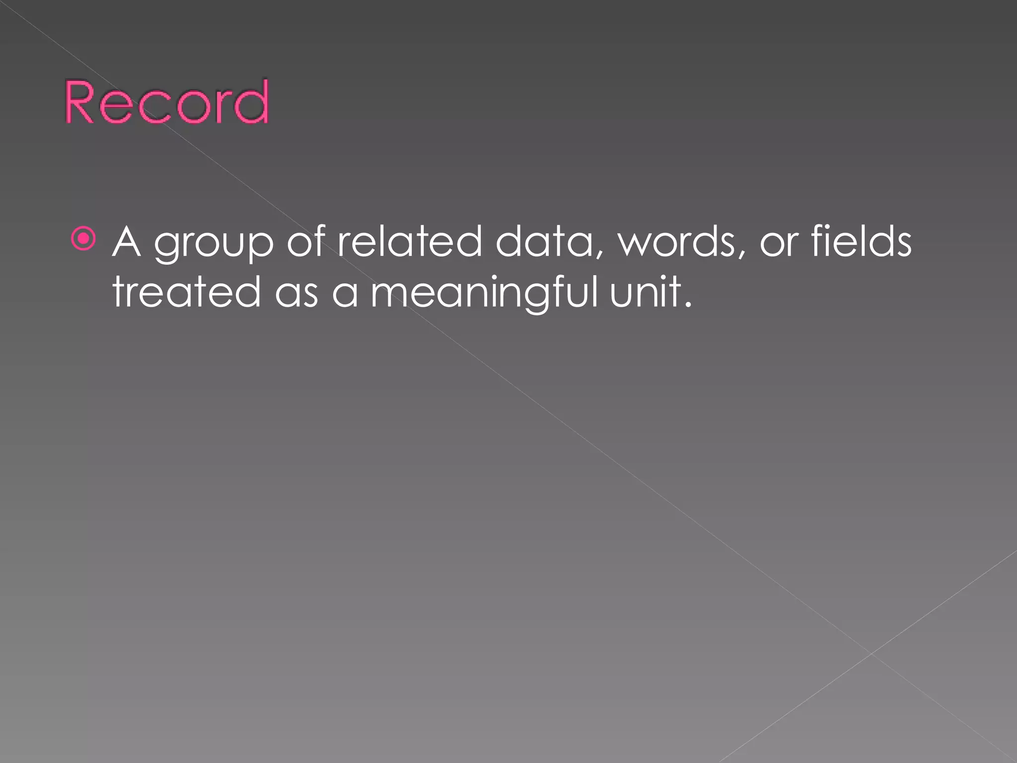 A group of related data, words, or fields treated as a meaningful unit. 
