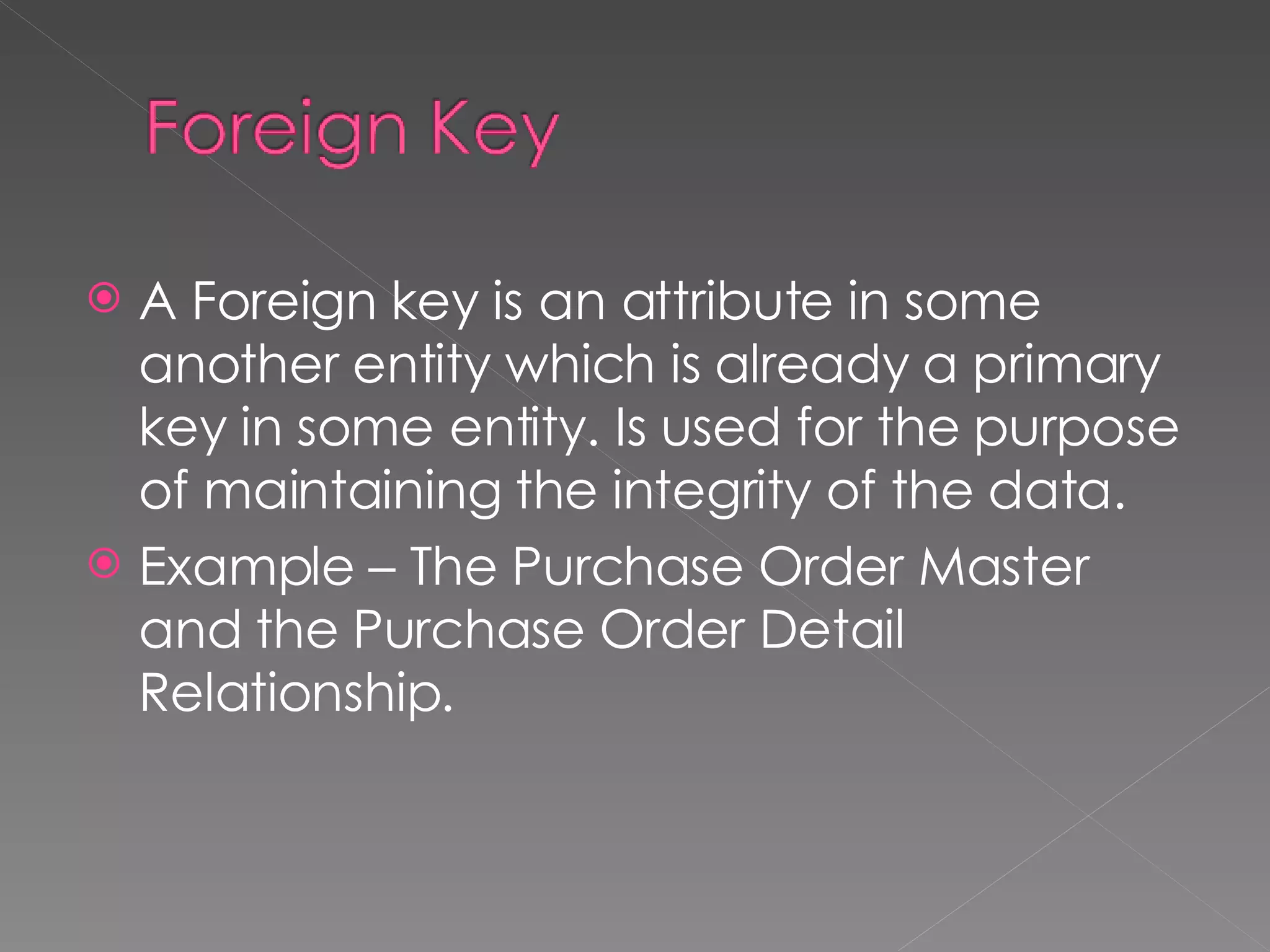 A Foreign key is an attribute in some another entity which is already a primary key in some entity. Is used for the purpose of maintaining the integrity of the data. Example – The Purchase Order Master and the Purchase Order Detail Relationship. 
