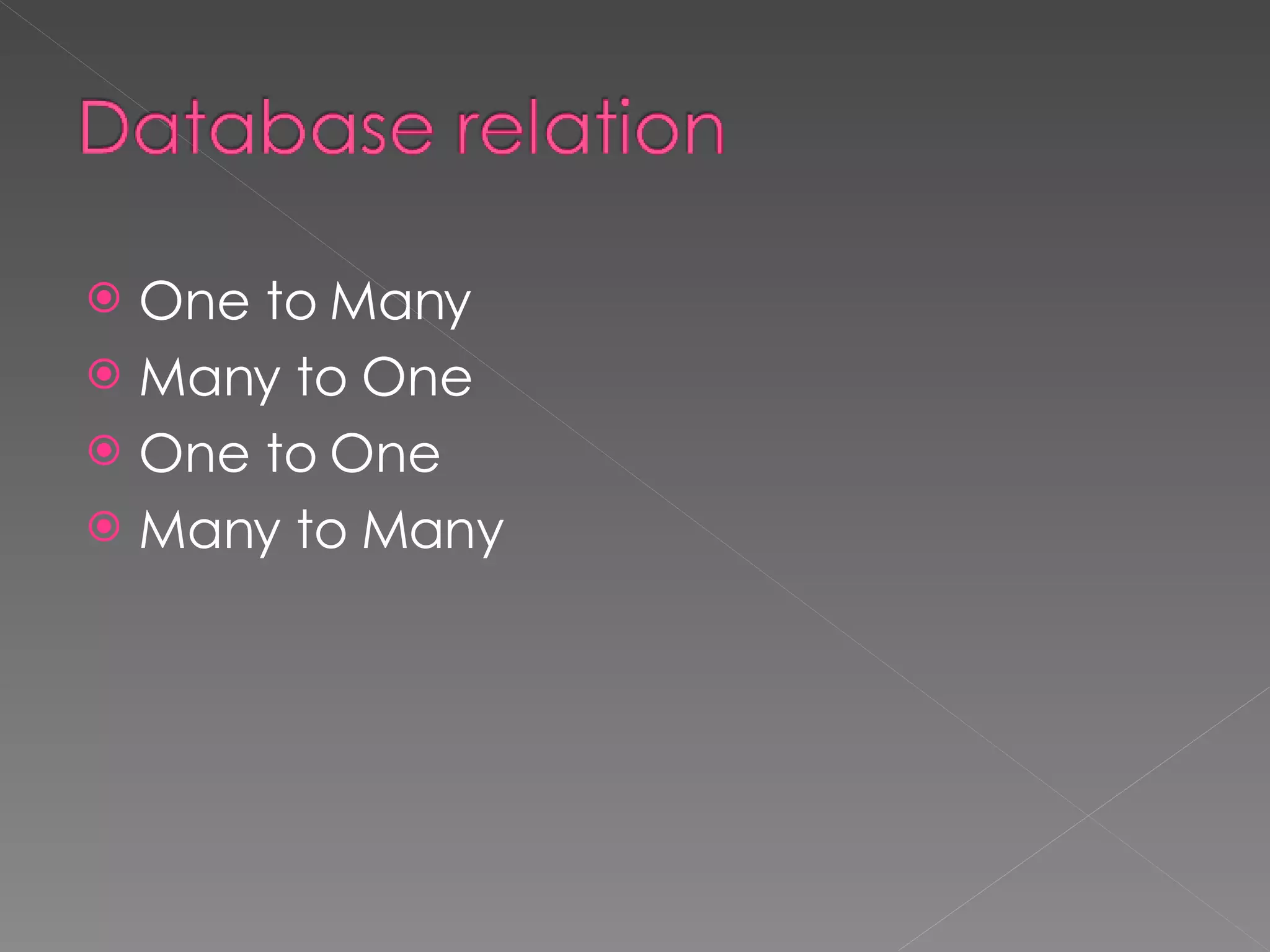 One to Many Many to One One to One Many to Many 