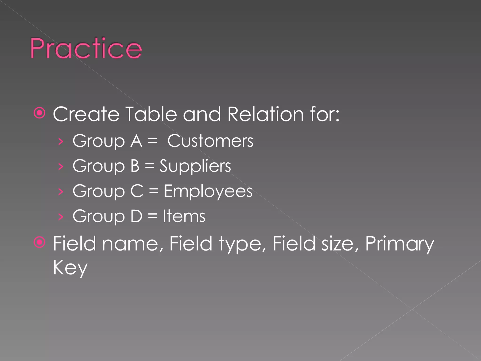 Create Table and Relation for: Group A =  Customers Group B = Suppliers Group C = Employees Group D = Items Field name, Field type, Field size, Primary Key 