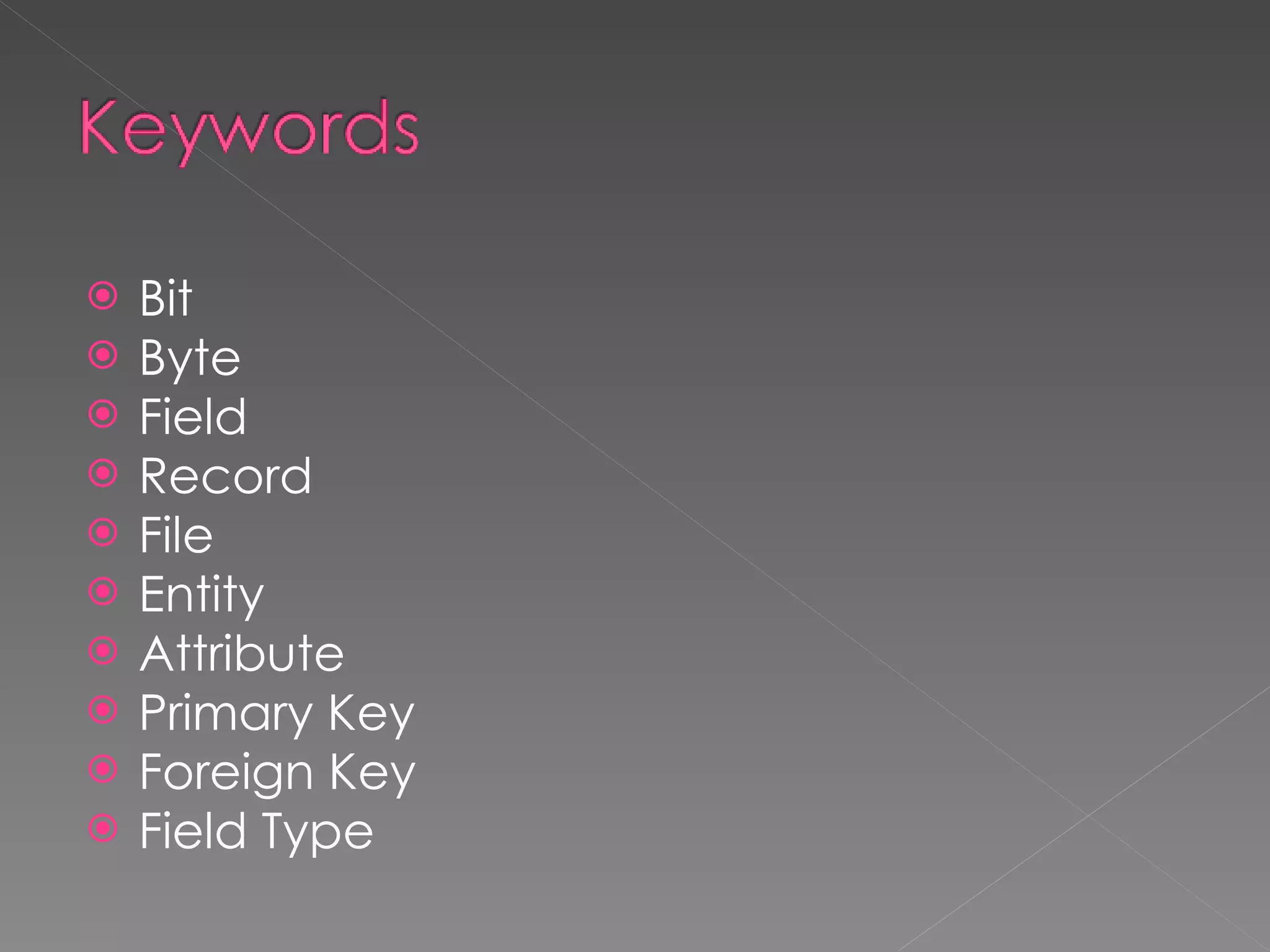 Bit Byte Field Record File Entity Attribute Primary Key Foreign Key Field Type 