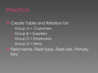 Create Table and Relation for: Group A =  Customers Group B = Suppliers Group C = Employees Group D = Items Field name, Field type, Field size, Primary Key 