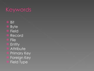 Bit Byte Field Record File Entity Attribute Primary Key Foreign Key Field Type 