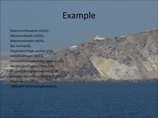 Example
MaximumElevation int(32),
MinimumDepth int(32),
MaximumDepth int(32),
Sex varchar(8),
PreparationType varchar(255),
IndividualCount int(32),
PreviousCatalogNumber varchar(128),
RelationshipType varchar(128),
RelatedCatalogItem varchar (128),
DevelopmentalStage varchar (128),
Notes varchar(255),
 PRIMARY KEY(CatalogNumber));
 