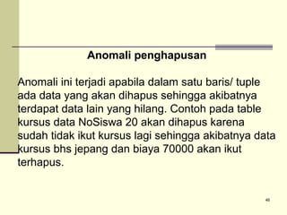 Anomali penghapusan
Anomali ini terjadi apabila dalam satu baris/ tuple
ada data yang akan dihapus sehingga akibatnya
terdapat data lain yang hilang. Contoh pada table
kursus data NoSiswa 20 akan dihapus karena
sudah tidak ikut kursus lagi sehingga akibatnya data
kursus bhs jepang dan biaya 70000 akan ikut
terhapus.

46

 