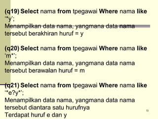 (q19) Select nama from tpegawai Where nama like
‘*y’;
Menampilkan data nama, yangmana data nama
tersebut berakhiran huruf = y
(q20) Select nama from tpegawai Where nama like
‘m*’;
Menampilkan data nama, yangmana data nama
tersebut berawalan huruf = m
(q21) Select nama from tpegawai Where nama like
‘*e?y*’;
Menampilkan data nama, yangmana data nama
tersebut diantara satu hurufnya
Terdapat huruf e dan y

72

 
