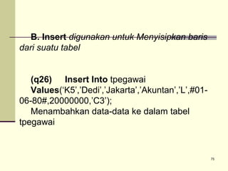 B. Insert digunakan untuk Menyisipkan baris
dari suatu tabel
(q26) Insert Into tpegawai
Values(‘K5’,’Dedi’,’Jakarta’,’Akuntan’,’L’,#0106-80#,20000000,’C3’);
Menambahkan data-data ke dalam tabel
tpegawai

75

 