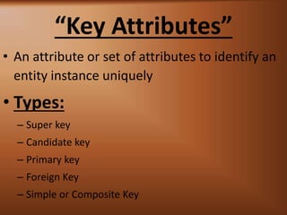 Key Attributes
? An attribute or set of attributes to identify an
entity instance uniquely
? Types:
C Super key
C Candidate key
C Primary key
C Foreign Key
C Simple or Composite Key
 