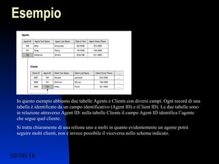 10/06/16 Ing. Ronchi Sergio 2
Esempio
In questo esempio abbiamo due tabelle Agents e Clients con diversi campi. Ogni record di una
tabella è identificato da un campo identificativo (Agent ID) e (Client ID). Le due tabelle sono
in relazione attraverso Agent ID: nella tabelle Clients il campo Agent ID identifica l’agente
che segue quel cliente.
Si tratta chiaramente di una relione uno a molti in quanto evidentemente un agente potrà
seguire molti clienti, non è invece possibile il viceversa nello schema indicato.
 