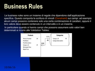 10/06/16 Ing. Ronchi Sergio 31
Business Rules
Le business rules sono un insieme di regole che dipendono dall’applicazione
specifica. Questo comporta la scrittura di vincoli (Constraint) sui campi: ad esempio
alcuni campi possono contenere solo una certa combinazione di caratteri, oppure il
loro valore deve essere contenuto in un intervallo o in un insieme.
In particolare quando si hanno campi che possono assumere solo valori ben
determinati si ricorre alle Validation Tables:
 