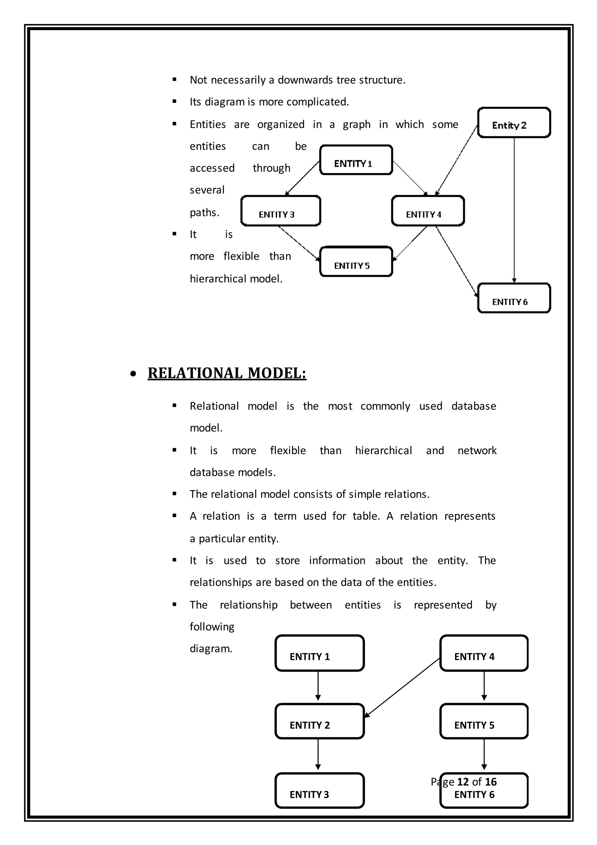 Page 12 of 16
ENTITY 1 ENTITY 4
ENTITY 2 ENTITY 5
ENTITY 3 ENTITY 6
 Not necessarily a downwards tree structure.
 Its diagram is more complicated.
 Entities are organized in a graph in which some
entities can be
accessed through
several
paths.
 It is
more flexible than
hierarchical model.
 RELATIONAL MODEL:
 Relational model is the most commonly used database
model.
 It is more flexible than hierarchical and network
database models.
 The relational model consists of simple relations.
 A relation is a term used for table. A relation represents
a particular entity.
 It is used to store information about the entity. The
relationships are based on the data of the entities.
 The relationship between entities is represented by
following
diagram.
 