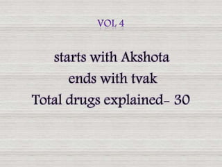 starts with Akshota
ends with tvak
Total drugs explained- 30
 
