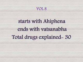 starts with Ahiphena
ends with vatsanabha
Total drugs explained- 30
 