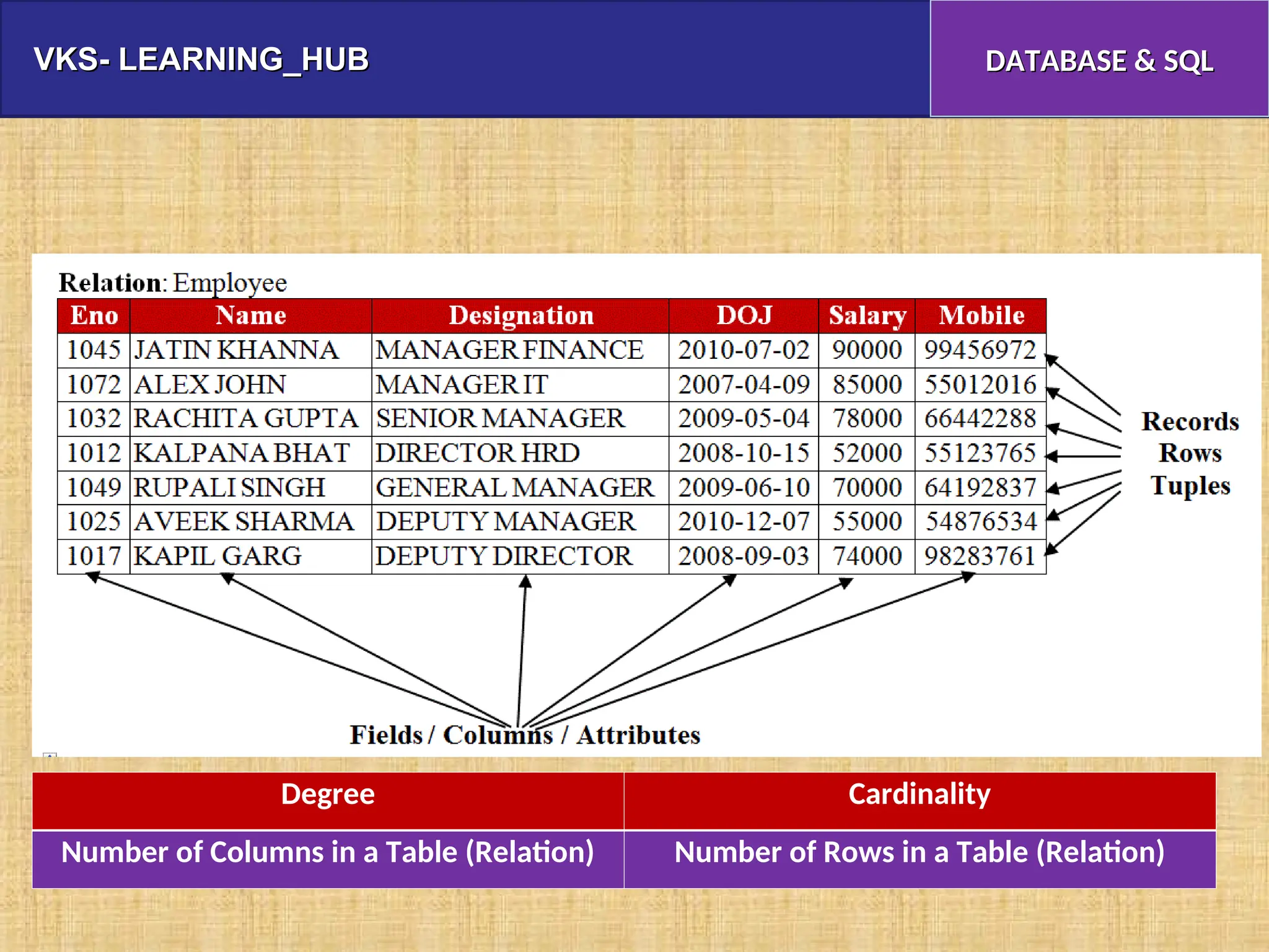VKS- LEARNING_HUB
VKS- LEARNING_HUB DATABASE & SQL
DATABASE & SQL
Degree Cardinality
Number of Columns in a Table (Relation) Number of Rows in a Table (Relation)
 