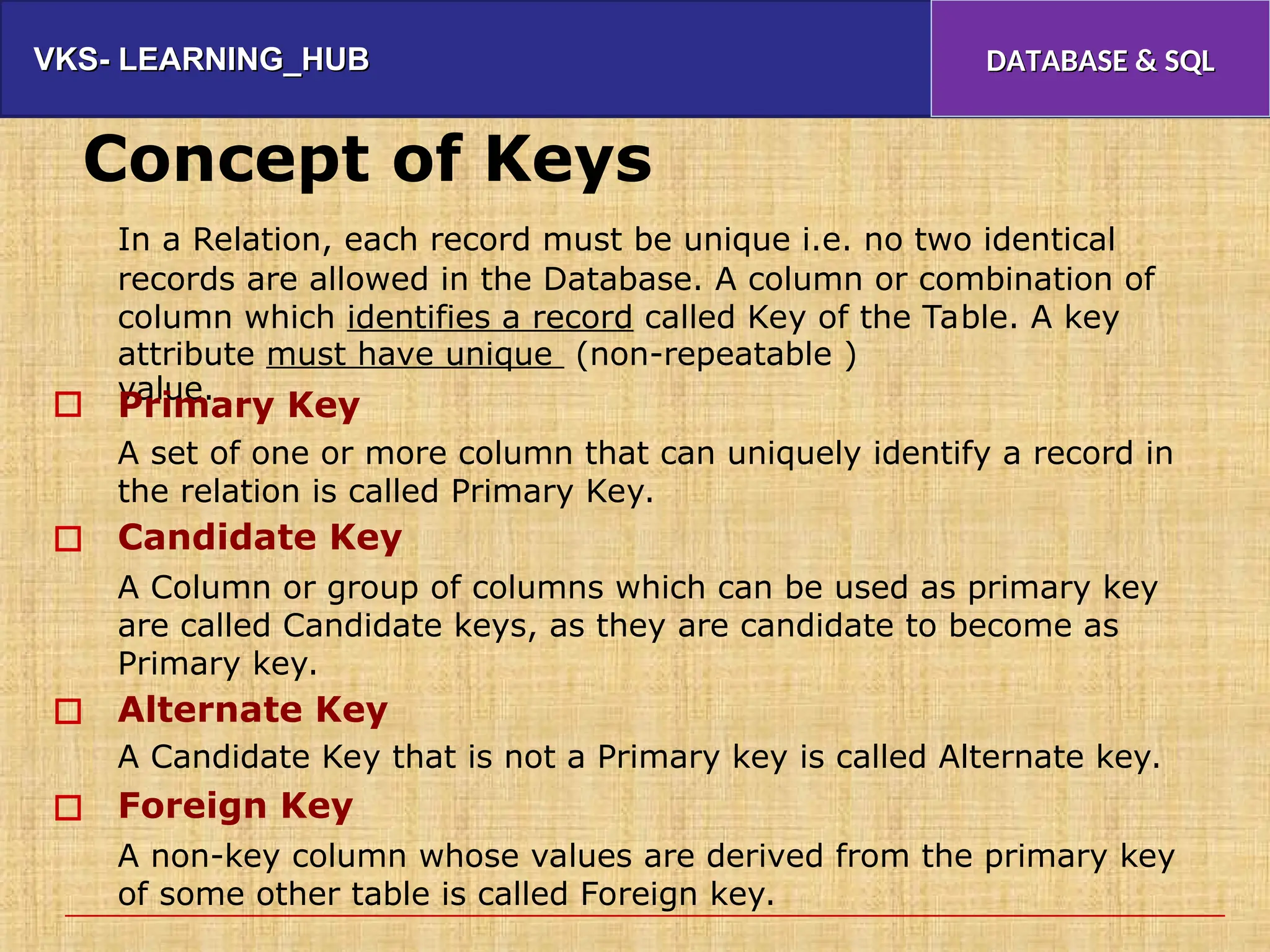 VKS- LEARNING_HUB
VKS- LEARNING_HUB DATABASE & SQL
DATABASE & SQL
Concept of Keys
In a Relation, each record must be unique i.e. no two identical
records are allowed in the Database. A column or combination of
column which identifies a record called Key of the Table. A key
attribute must have unique (non-repeatable )
value.
Primary Key
A set of one or more column that can uniquely identify a record in
the relation is called Primary Key.
Candidate Key
A Column or group of columns which can be used as primary key
are called Candidate keys, as they are candidate to become as
Primary key.
Alternate Key
A Candidate Key that is not a Primary key is called Alternate key.
Foreign Key
A non-key column whose values are derived from the primary key
of some other table is called Foreign key.




 