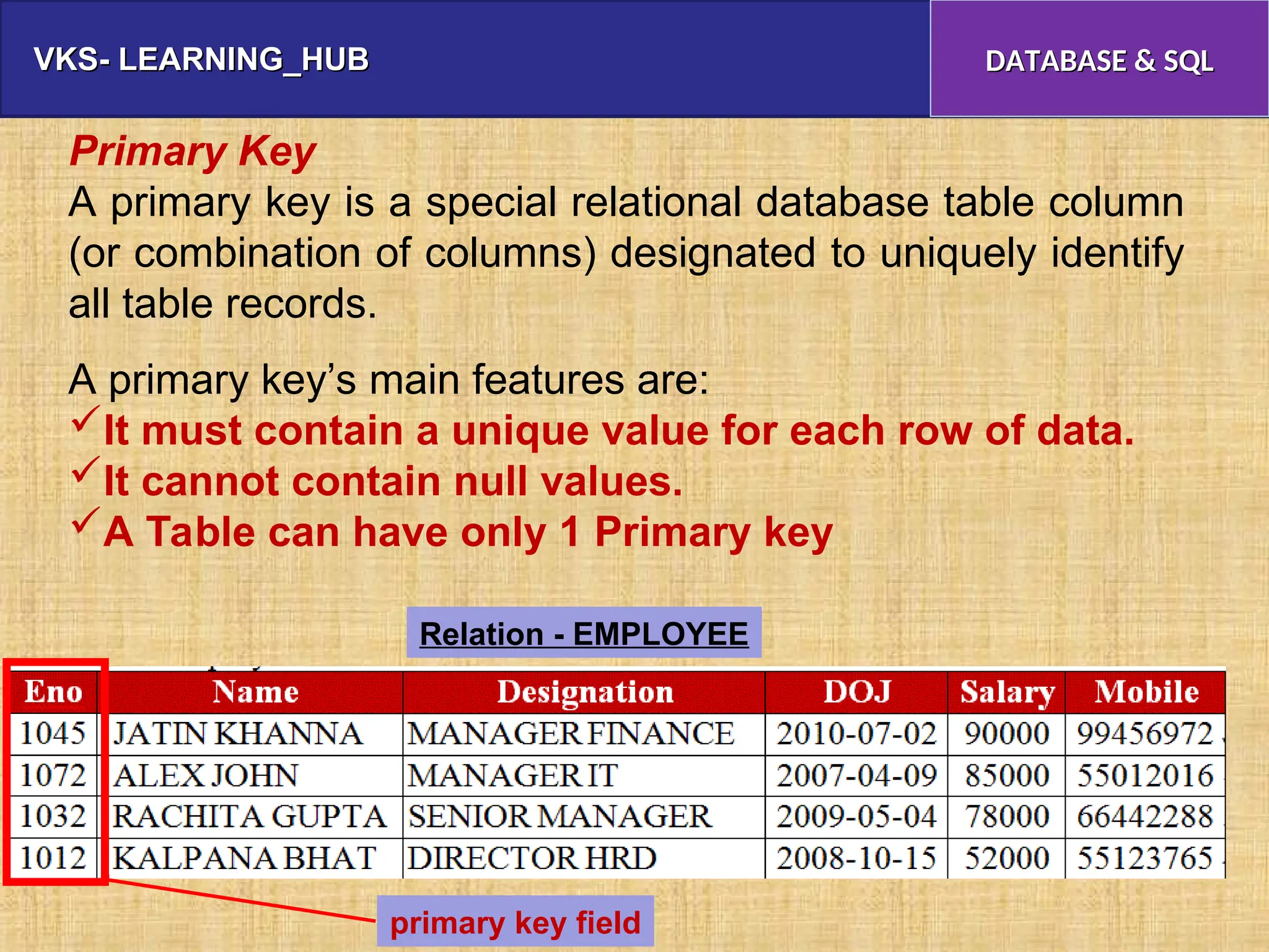 VKS- LEARNING_HUB
VKS- LEARNING_HUB DATABASE & SQL
DATABASE & SQL
Primary Key
A primary key is a special relational database table column
(or combination of columns) designated to uniquely identify
all table records.
A primary key’s main features are:
It must contain a unique value for each row of data.
It cannot contain null values.
A Table can have only 1 Primary key
primary key field
Relation - EMPLOYEE
 