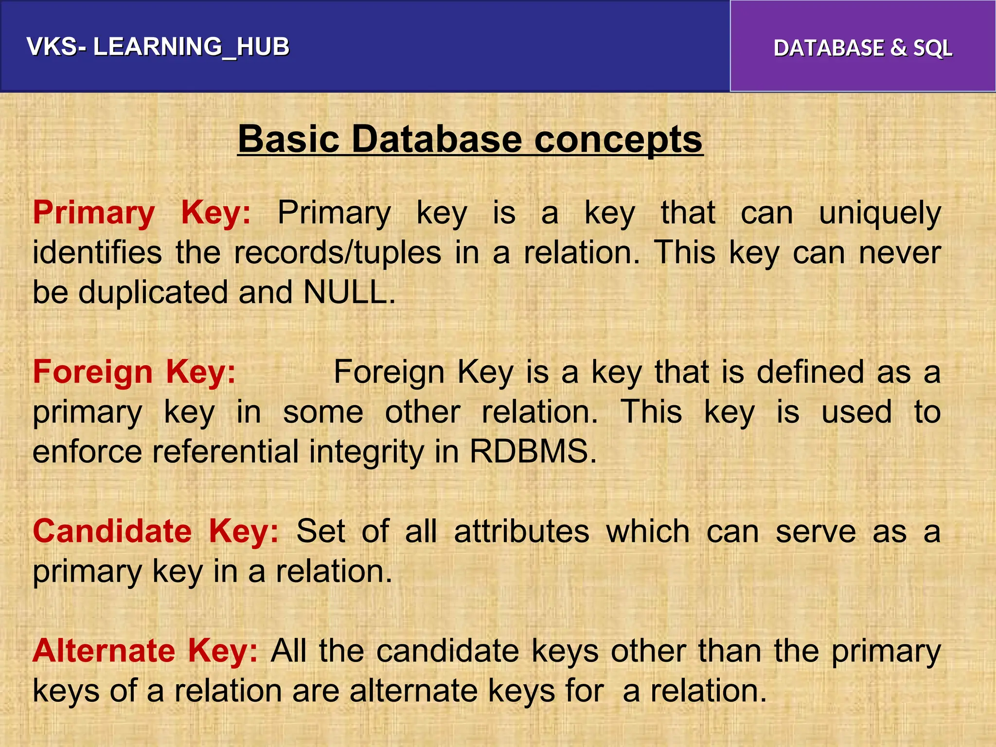 VKS- LEARNING_HUB
VKS- LEARNING_HUB DATABASE & SQL
DATABASE & SQL
Basic Database concepts
Primary Key: Primary key is a key that can uniquely
identifies the records/tuples in a relation. This key can never
be duplicated and NULL.
Foreign Key: Foreign Key is a key that is defined as a
primary key in some other relation. This key is used to
enforce referential integrity in RDBMS.
Candidate Key: Set of all attributes which can serve as a
primary key in a relation.
Alternate Key: All the candidate keys other than the primary
keys of a relation are alternate keys for a relation.
 