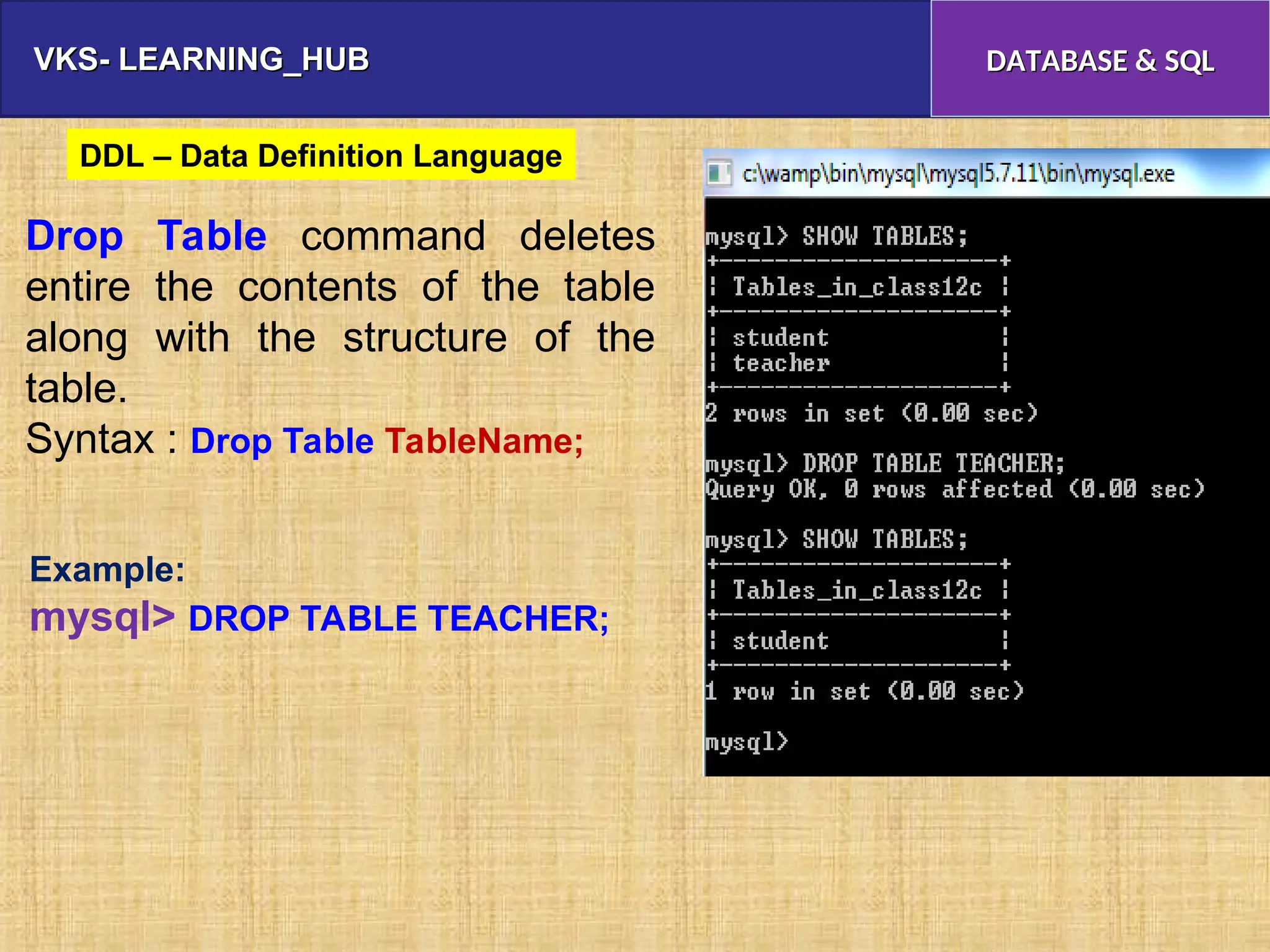 VKS- LEARNING_HUB
VKS- LEARNING_HUB DATABASE & SQL
DATABASE & SQL
Drop Table command deletes
entire the contents of the table
along with the structure of the
table.
Syntax : Drop Table TableName;
Example:
mysql> DROP TABLE TEACHER;
DDL – Data Definition Language
 