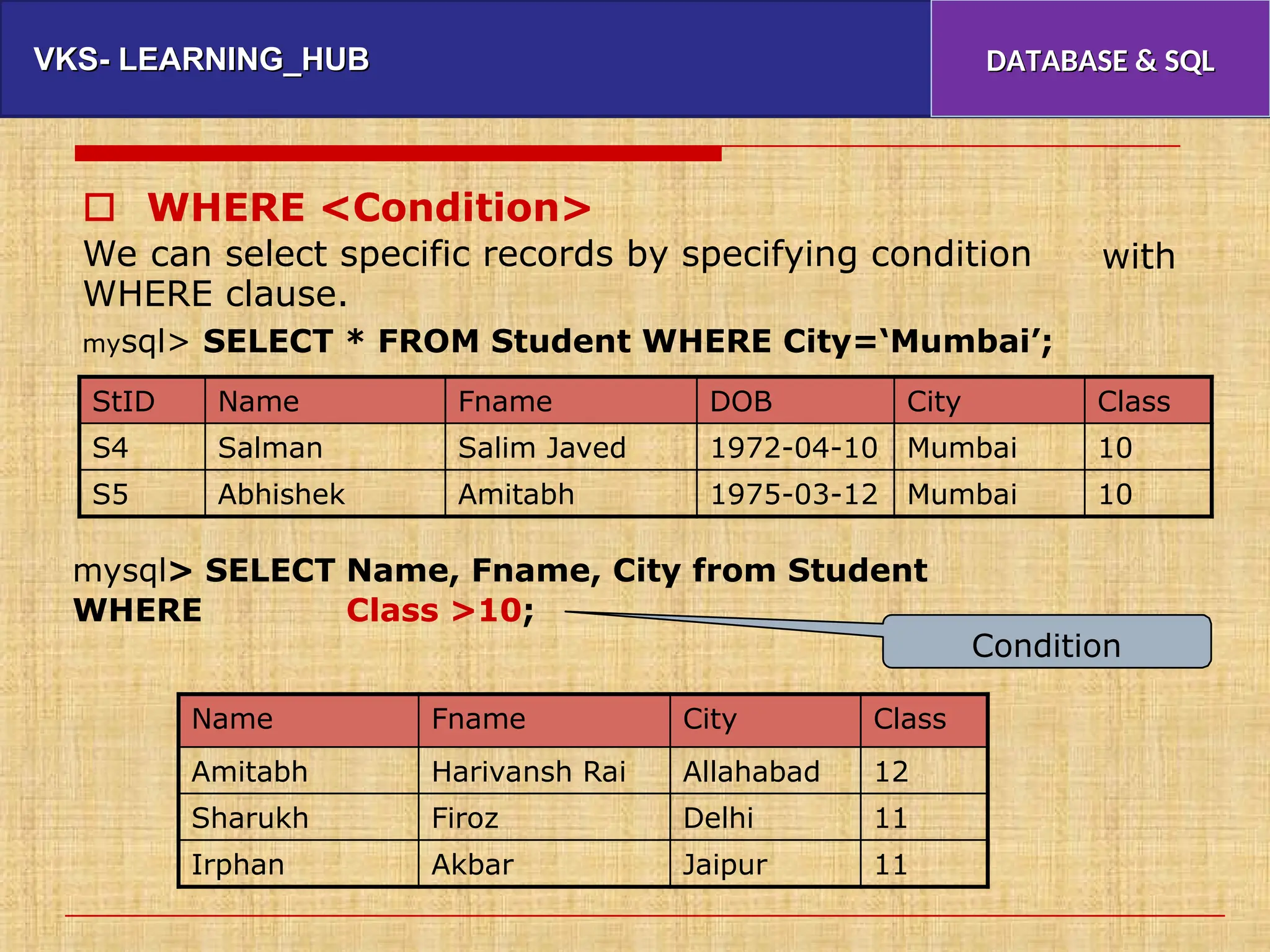 VKS- LEARNING_HUB
VKS- LEARNING_HUB DATABASE & SQL
DATABASE & SQL
 WHERE <Condition>
We can select specific records by specifying condition
WHERE clause.
with
mysql> SELECT * FROM Student WHERE City=‘Mumbai’;
mysql> SELECT
WHERE
Name, Fname, City from Student
Class >10;
Condition
Name Fname City Class
Amitabh Harivansh Rai Allahabad 12
Sharukh Firoz Delhi 11
Irphan Akbar Jaipur 11
StID Name Fname DOB City Class
S4 Salman Salim Javed 1972-04-10 Mumbai 10
S5 Abhishek Amitabh 1975-03-12 Mumbai 10
 