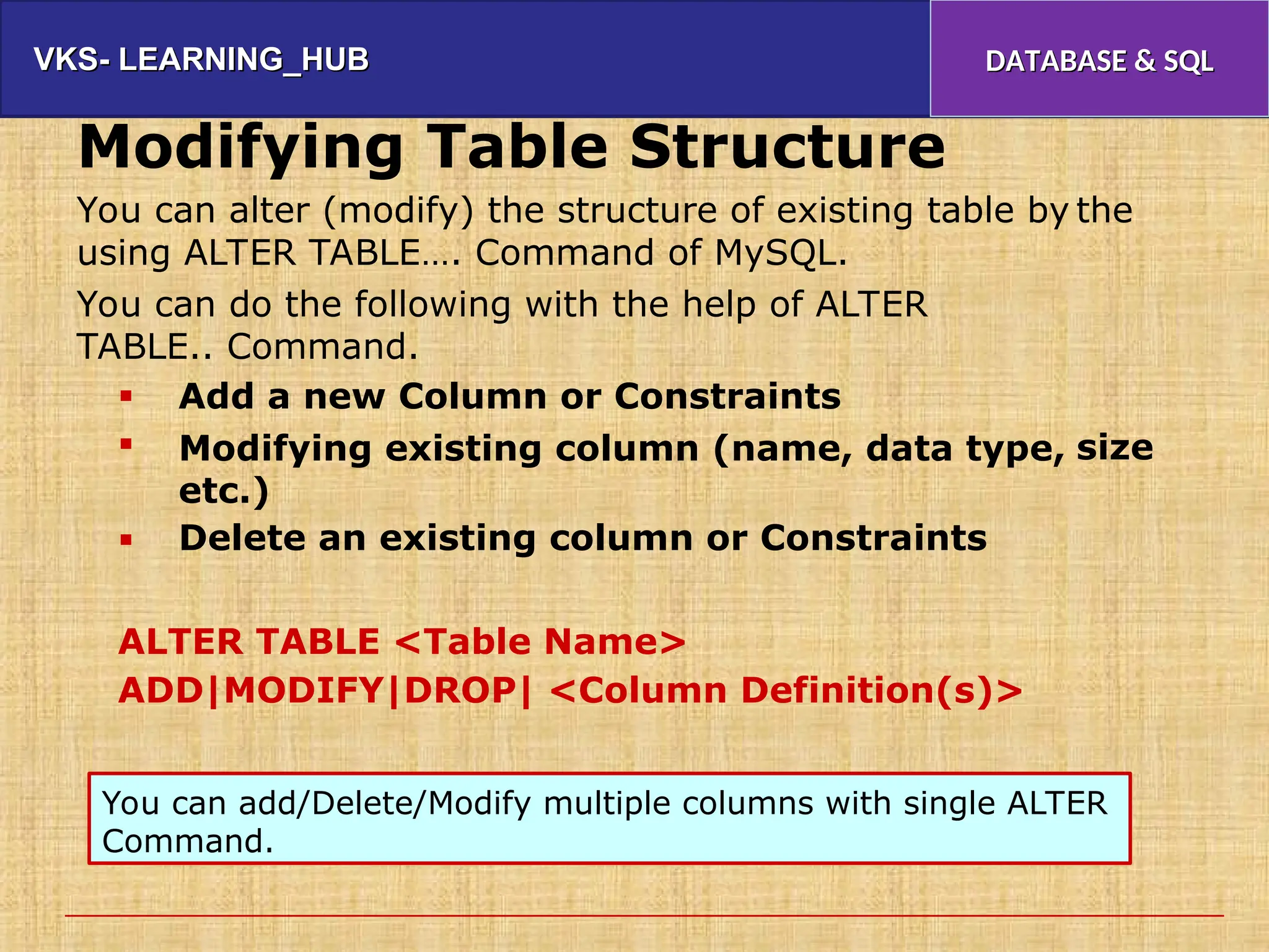 VKS- LEARNING_HUB
VKS- LEARNING_HUB DATABASE & SQL
DATABASE & SQL
Modifying Table Structure
You can alter (modify) the structure of existing table by
using ALTER TABLE…. Command of MySQL.
You can do the following with the help of ALTER
TABLE.. Command.
the
Add a new Column or Constraints
Modifying existing column (name, data type,
etc.)
Delete an existing column or Constraints

 size

ALTER TABLE <Table Name>
ADD|MODIFY|DROP| <Column Definition(s)>
You can add/Delete/Modify multiple columns with single ALTER
Command.
 