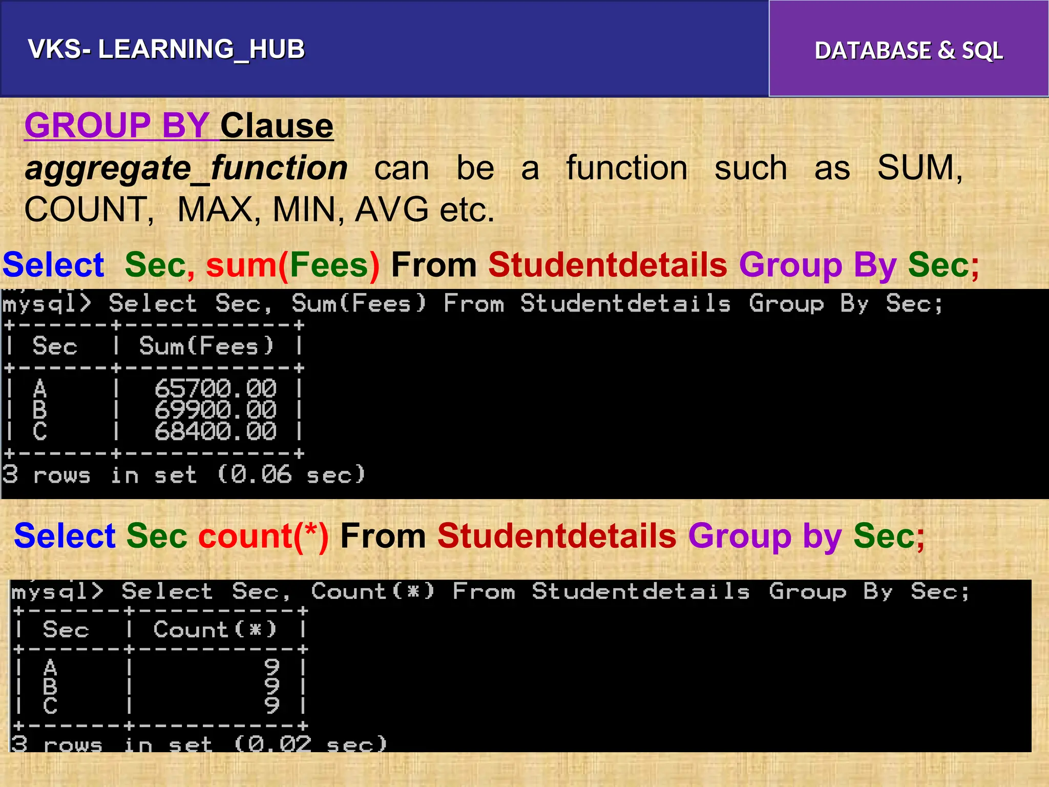 VKS- LEARNING_HUB
VKS- LEARNING_HUB DATABASE & SQL
DATABASE & SQL
GROUP BY Clause
aggregate_function can be a function such as SUM,
COUNT, MAX, MIN, AVG etc.
Select Sec, sum(Fees) From Studentdetails Group By Sec;
Select Sec count(*) From Studentdetails Group by Sec;
 
