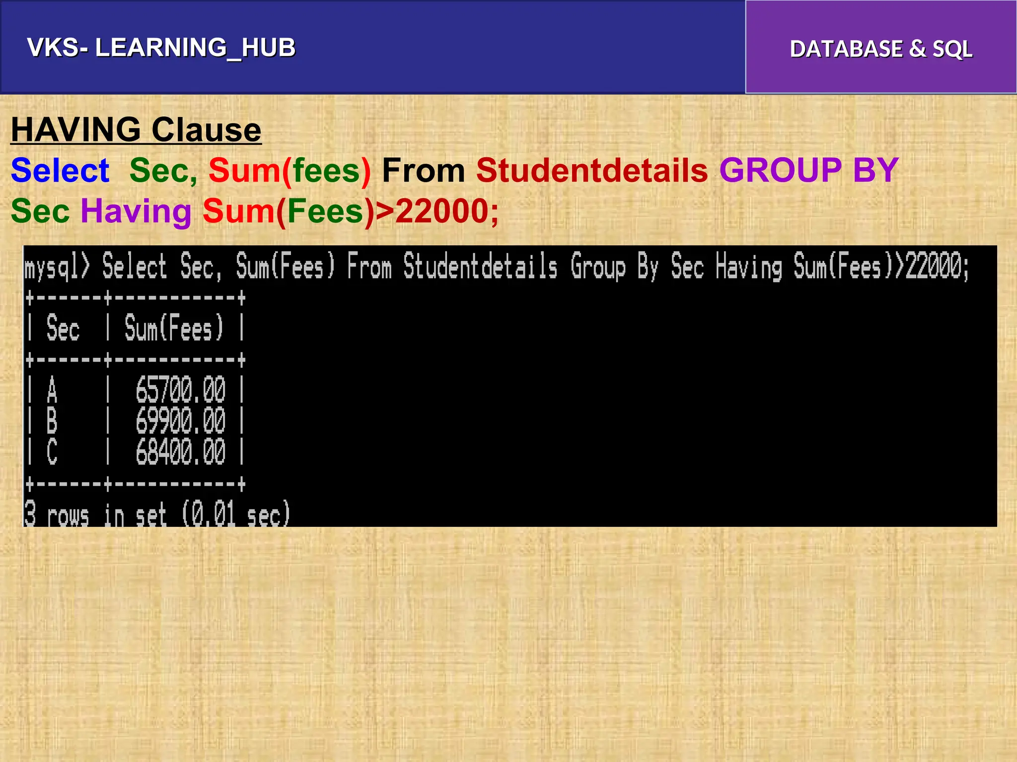 VKS- LEARNING_HUB
VKS- LEARNING_HUB DATABASE & SQL
DATABASE & SQL
HAVING Clause
Select Sec, Sum(fees) From Studentdetails GROUP BY
Sec Having Sum(Fees)>22000;
 