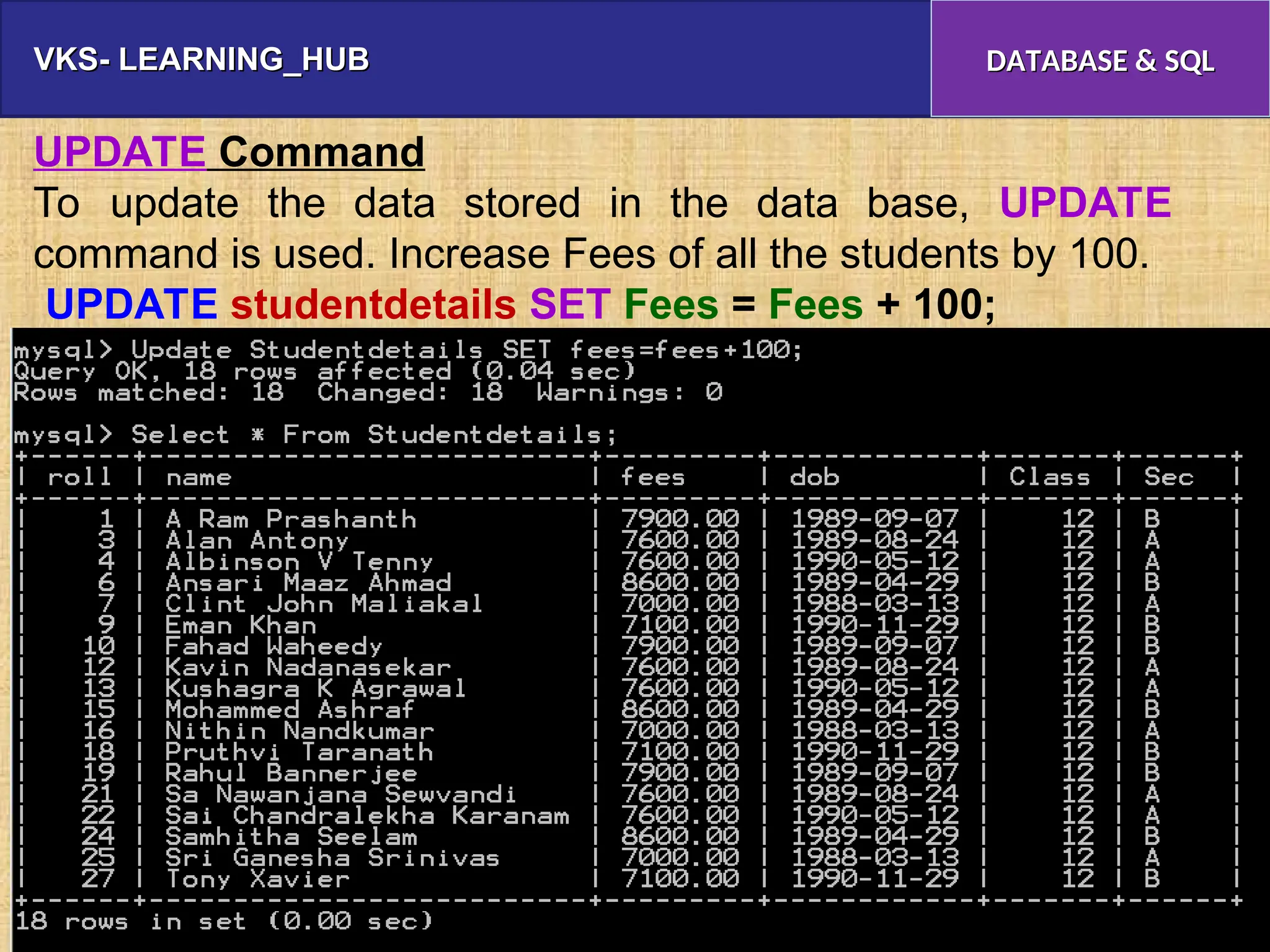 VKS- LEARNING_HUB
VKS- LEARNING_HUB DATABASE & SQL
DATABASE & SQL
UPDATE Command
To update the data stored in the data base, UPDATE
command is used. Increase Fees of all the students by 100.
UPDATE studentdetails SET Fees = Fees + 100;
 