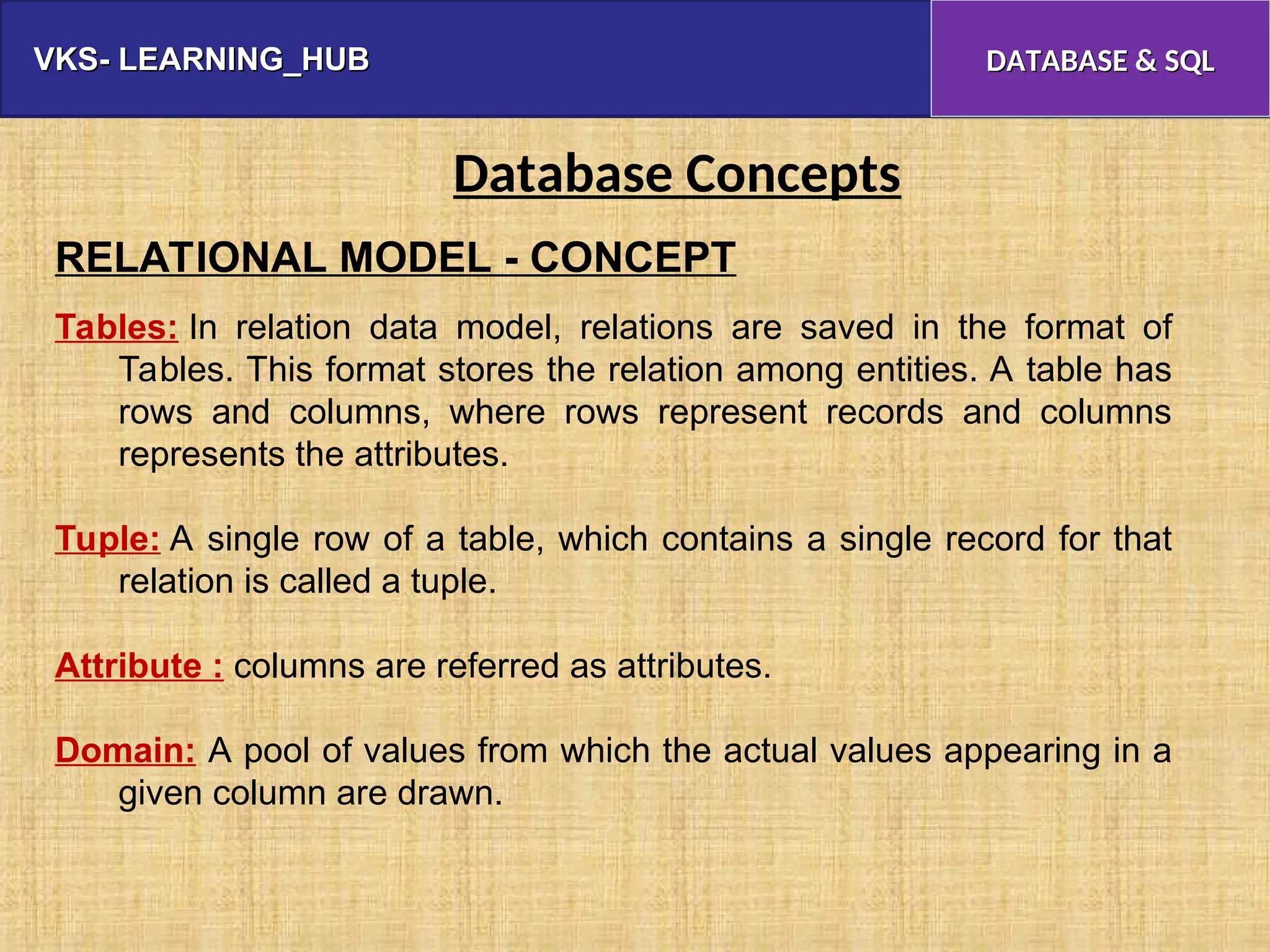 VKS- LEARNING_HUB
VKS- LEARNING_HUB DATABASE & SQL
DATABASE & SQL
Database Concepts
RELATIONAL MODEL - CONCEPT
Tables: In relation data model, relations are saved in the format of
Tables. This format stores the relation among entities. A table has
rows and columns, where rows represent records and columns
represents the attributes.
Tuple: A single row of a table, which contains a single record for that
relation is called a tuple.
Attribute : columns are referred as attributes.
Domain: A pool of values from which the actual values appearing in a
given column are drawn.
 