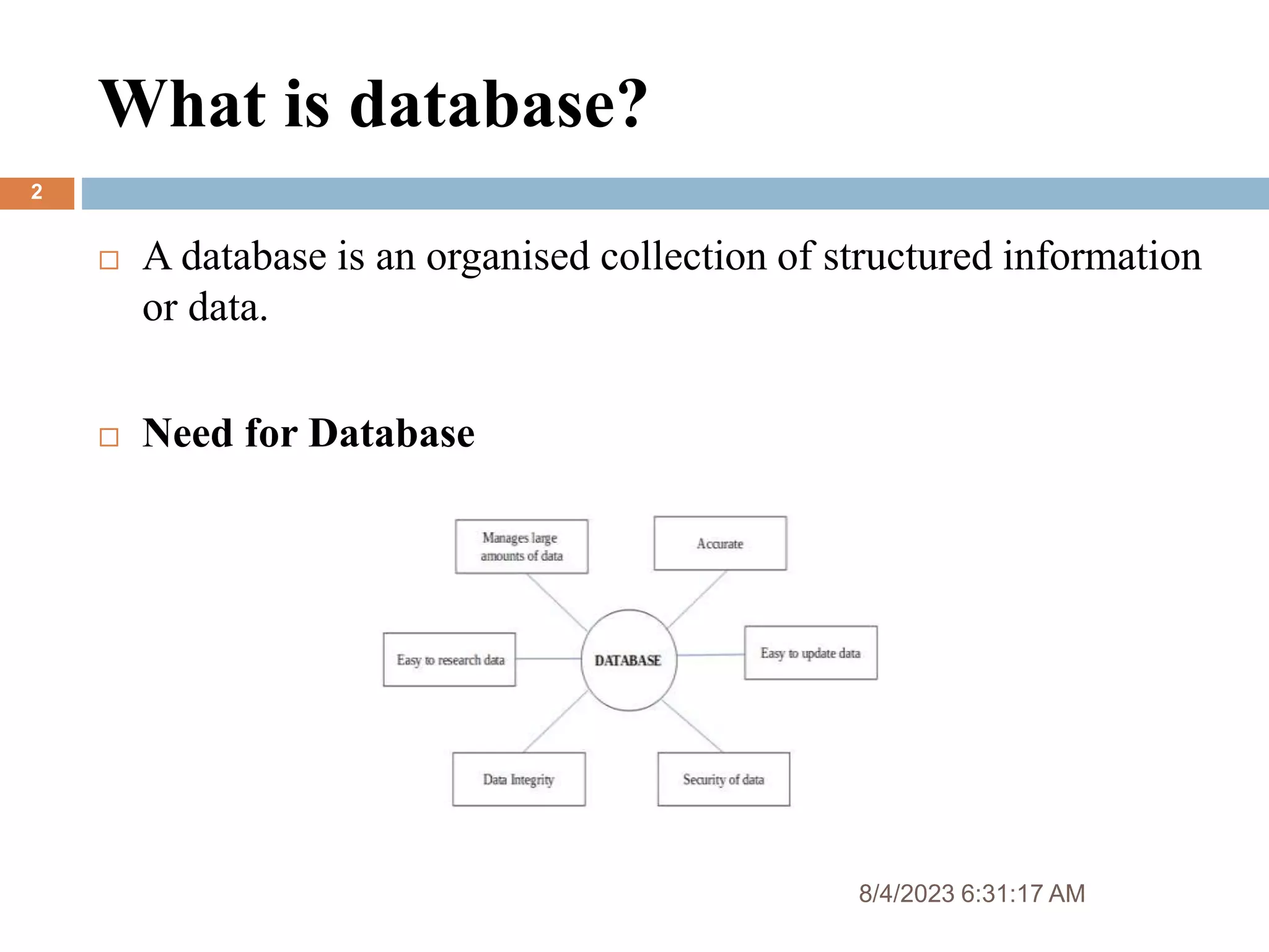 What is database?
8/4/2023 6:31:17 AM
2
 A database is an organised collection of structured information
or data.
 Need for Database
 