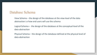 Database Schema
View Schema – the design of the database at the view level of the data
abstraction i.e how end users will use the schema
Logical Schema – the design of the database at the conceptual level of the
data abstraction
Physical Schema – the design of the database defined at the physical level of
data abstraction
 