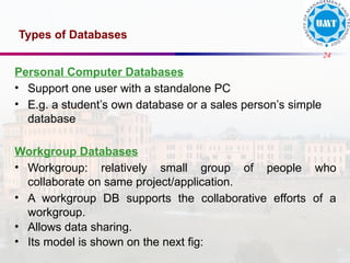 24
Types of Databases
Personal Computer Databases
• Support one user with a standalone PC
• E.g. a student’s own database or a sales person’s simple
database
Workgroup Databases
• Workgroup: relatively small group of people who
collaborate on same project/application.
• A workgroup DB supports the collaborative efforts of a
workgroup.
• Allows data sharing.
• Its model is shown on the next fig:
 