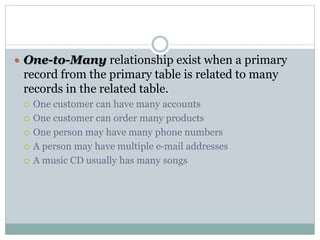  One-to-Many relationship exist when a primary
record from the primary table is related to many
records in the related table.
 One customer can have many accounts
 One customer can order many products
 One person may have many phone numbers
 A person may have multiple e-mail addresses
 A music CD usually has many songs
 