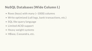 NoSQL Databases (Wide Column I.)
Rows (keys) with many (~1000) columns
Write optimized (call logs, bank transactions, etc.)
SQL like query language
Limited ACID support
Heavy weight systems
HBase, Cassandra, etc.
 