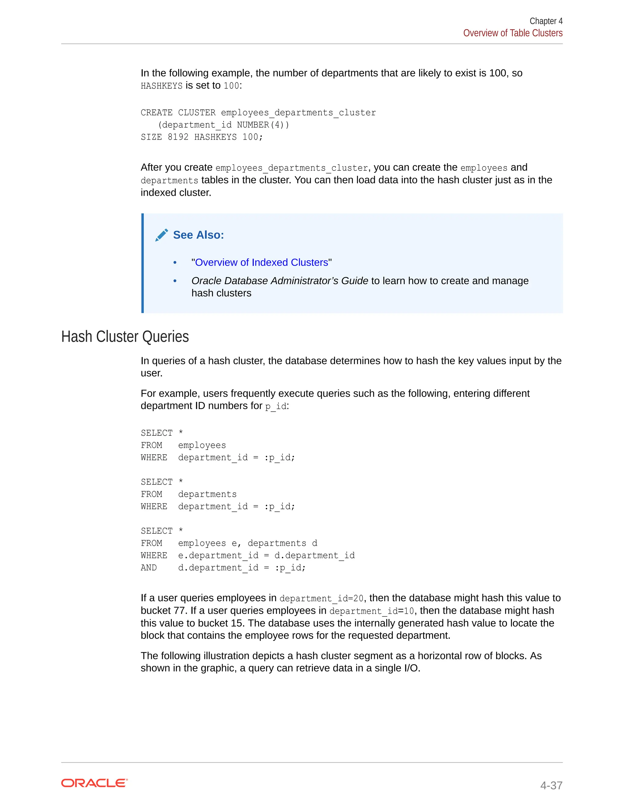 In the following example, the number of departments that are likely to exist is 100, so HASHKEYS is set to 100: CREATE CLUSTER employees_departments_cluster (department_id NUMBER(4)) SIZE 8192 HASHKEYS 100; After you create employees_departments_cluster, you can create the employees and departments tables in the cluster. You can then load data into the hash cluster just as in the indexed cluster. See Also: • "Overview of Indexed Clusters" • Oracle Database Administrator’s Guide to learn how to create and manage hash clusters Hash Cluster Queries In queries of a hash cluster, the database determines how to hash the key values input by the user. For example, users frequently execute queries such as the following, entering different department ID numbers for p_id: SELECT * FROM employees WHERE department_id = :p_id; SELECT * FROM departments WHERE department_id = :p_id; SELECT * FROM employees e, departments d WHERE e.department_id = d.department_id AND d.department_id = :p_id; If a user queries employees in department_id=20, then the database might hash this value to bucket 77. If a user queries employees in department_id=10, then the database might hash this value to bucket 15. The database uses the internally generated hash value to locate the block that contains the employee rows for the requested department. The following illustration depicts a hash cluster segment as a horizontal row of blocks. As shown in the graphic, a query can retrieve data in a single I/O. Chapter 4 Overview of Table Clusters 4-37 