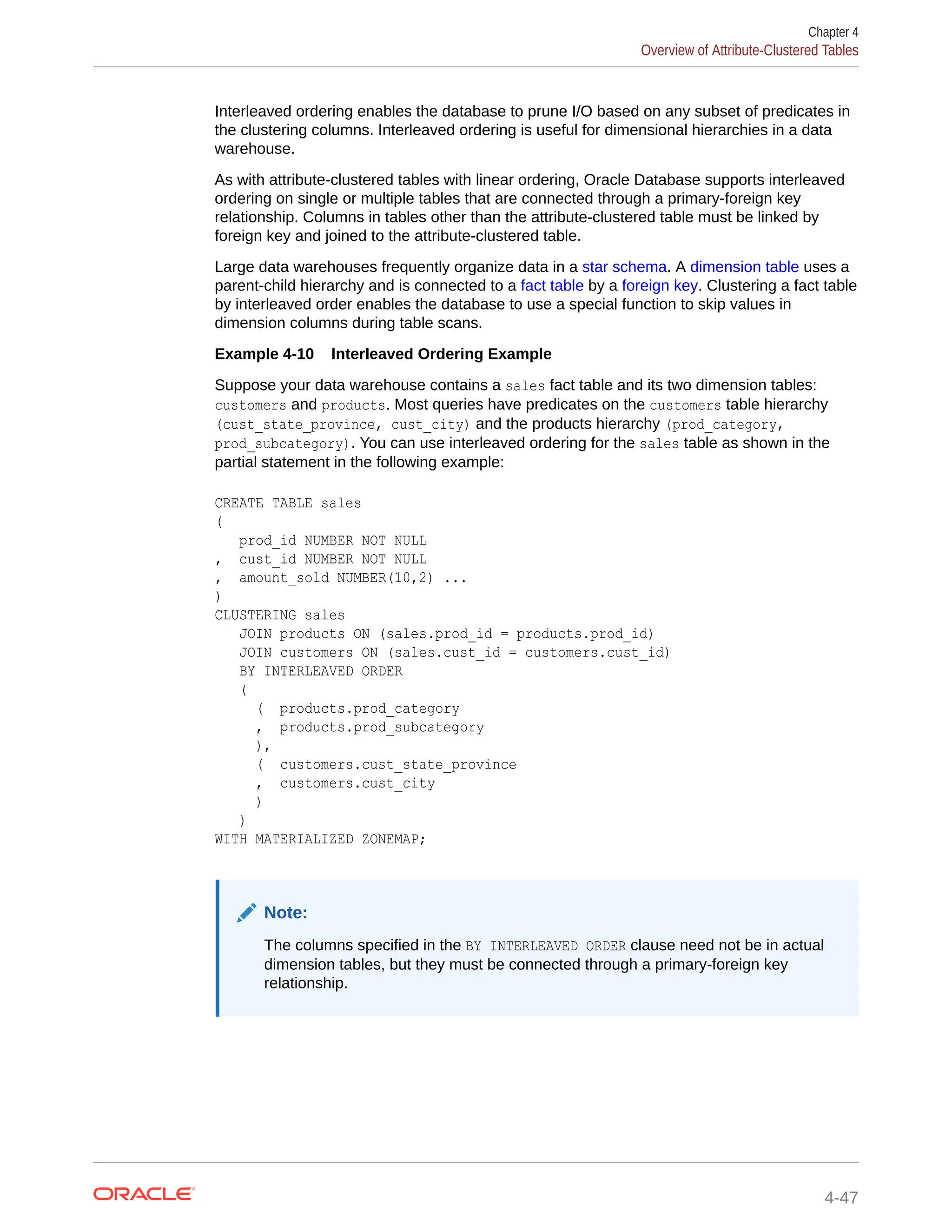 Interleaved ordering enables the database to prune I/O based on any subset of predicates in the clustering columns. Interleaved ordering is useful for dimensional hierarchies in a data warehouse. As with attribute-clustered tables with linear ordering, Oracle Database supports interleaved ordering on single or multiple tables that are connected through a primary-foreign key relationship. Columns in tables other than the attribute-clustered table must be linked by foreign key and joined to the attribute-clustered table. Large data warehouses frequently organize data in a star schema. A dimension table uses a parent-child hierarchy and is connected to a fact table by a foreign key. Clustering a fact table by interleaved order enables the database to use a special function to skip values in dimension columns during table scans. Example 4-10 Interleaved Ordering Example Suppose your data warehouse contains a sales fact table and its two dimension tables: customers and products. Most queries have predicates on the customers table hierarchy (cust_state_province, cust_city) and the products hierarchy (prod_category, prod_subcategory). You can use interleaved ordering for the sales table as shown in the partial statement in the following example: CREATE TABLE sales ( prod_id NUMBER NOT NULL , cust_id NUMBER NOT NULL , amount_sold NUMBER(10,2) ... ) CLUSTERING sales JOIN products ON (sales.prod_id = products.prod_id) JOIN customers ON (sales.cust_id = customers.cust_id) BY INTERLEAVED ORDER ( ( products.prod_category , products.prod_subcategory ), ( customers.cust_state_province , customers.cust_city ) ) WITH MATERIALIZED ZONEMAP; Note: The columns specified in the BY INTERLEAVED ORDER clause need not be in actual dimension tables, but they must be connected through a primary-foreign key relationship. Chapter 4 Overview of Attribute-Clustered Tables 4-47 