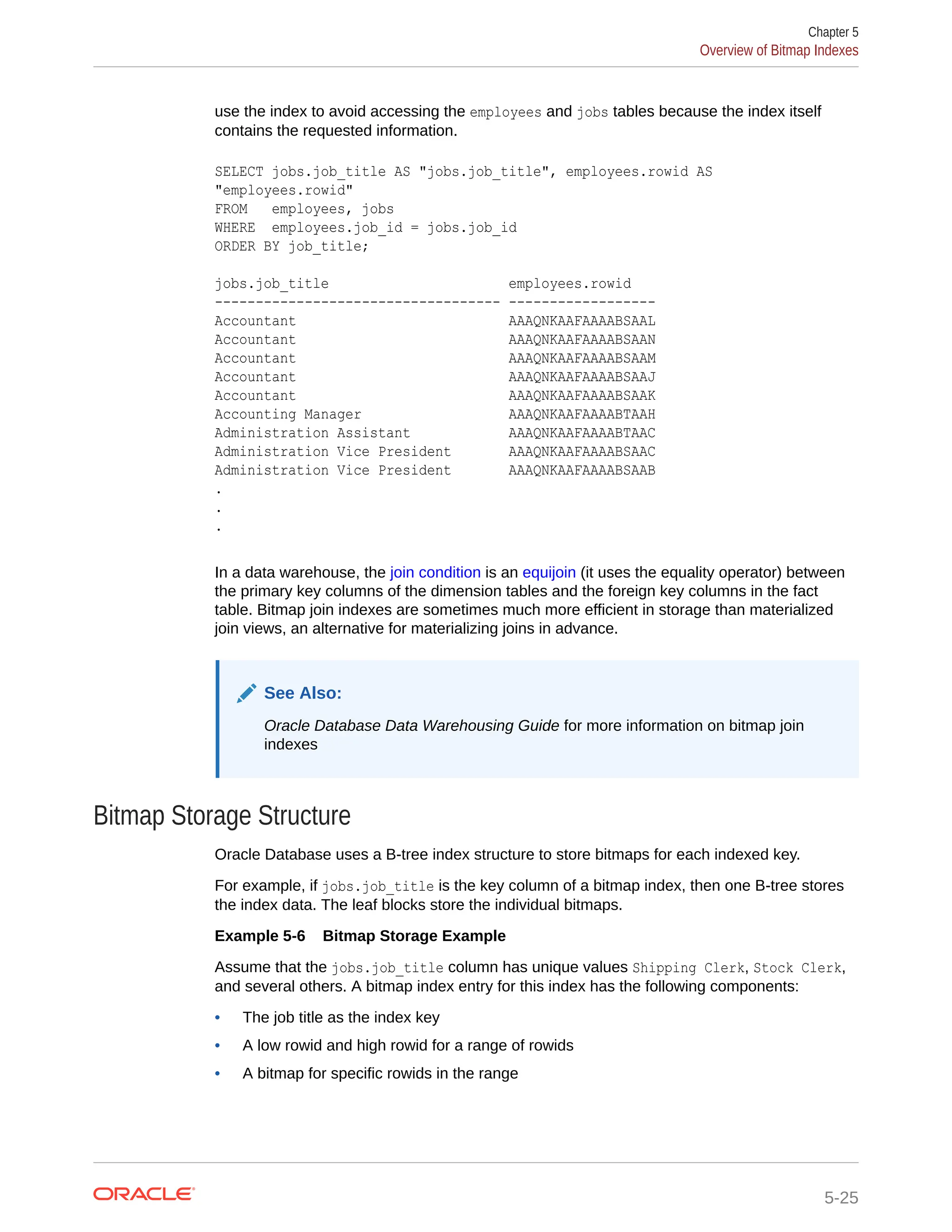 use the index to avoid accessing the employees and jobs tables because the index itself contains the requested information. SELECT jobs.job_title AS "jobs.job_title", employees.rowid AS "employees.rowid" FROM employees, jobs WHERE employees.job_id = jobs.job_id ORDER BY job_title; jobs.job_title employees.rowid ----------------------------------- ------------------ Accountant AAAQNKAAFAAAABSAAL Accountant AAAQNKAAFAAAABSAAN Accountant AAAQNKAAFAAAABSAAM Accountant AAAQNKAAFAAAABSAAJ Accountant AAAQNKAAFAAAABSAAK Accounting Manager AAAQNKAAFAAAABTAAH Administration Assistant AAAQNKAAFAAAABTAAC Administration Vice President AAAQNKAAFAAAABSAAC Administration Vice President AAAQNKAAFAAAABSAAB . . . In a data warehouse, the join condition is an equijoin (it uses the equality operator) between the primary key columns of the dimension tables and the foreign key columns in the fact table. Bitmap join indexes are sometimes much more efficient in storage than materialized join views, an alternative for materializing joins in advance. See Also: Oracle Database Data Warehousing Guide for more information on bitmap join indexes Bitmap Storage Structure Oracle Database uses a B-tree index structure to store bitmaps for each indexed key. For example, if jobs.job_title is the key column of a bitmap index, then one B-tree stores the index data. The leaf blocks store the individual bitmaps. Example 5-6 Bitmap Storage Example Assume that the jobs.job_title column has unique values Shipping Clerk, Stock Clerk, and several others. A bitmap index entry for this index has the following components: • The job title as the index key • A low rowid and high rowid for a range of rowids • A bitmap for specific rowids in the range Chapter 5 Overview of Bitmap Indexes 5-25 