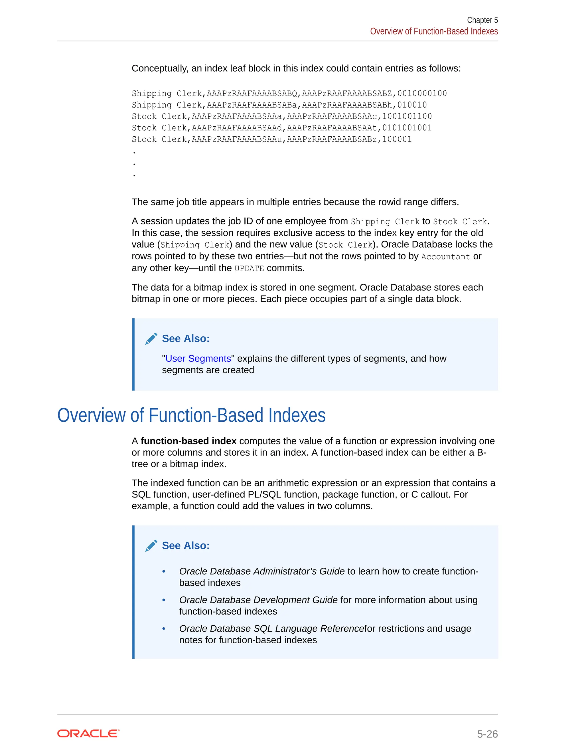 Conceptually, an index leaf block in this index could contain entries as follows: Shipping Clerk,AAAPzRAAFAAAABSABQ,AAAPzRAAFAAAABSABZ,0010000100 Shipping Clerk,AAAPzRAAFAAAABSABa,AAAPzRAAFAAAABSABh,010010 Stock Clerk,AAAPzRAAFAAAABSAAa,AAAPzRAAFAAAABSAAc,1001001100 Stock Clerk,AAAPzRAAFAAAABSAAd,AAAPzRAAFAAAABSAAt,0101001001 Stock Clerk,AAAPzRAAFAAAABSAAu,AAAPzRAAFAAAABSABz,100001 . . . The same job title appears in multiple entries because the rowid range differs. A session updates the job ID of one employee from Shipping Clerk to Stock Clerk. In this case, the session requires exclusive access to the index key entry for the old value (Shipping Clerk) and the new value (Stock Clerk). Oracle Database locks the rows pointed to by these two entries—but not the rows pointed to by Accountant or any other key—until the UPDATE commits. The data for a bitmap index is stored in one segment. Oracle Database stores each bitmap in one or more pieces. Each piece occupies part of a single data block. See Also: "User Segments" explains the different types of segments, and how segments are created Overview of Function-Based Indexes A function-based index computes the value of a function or expression involving one or more columns and stores it in an index. A function-based index can be either a B- tree or a bitmap index. The indexed function can be an arithmetic expression or an expression that contains a SQL function, user-defined PL/SQL function, package function, or C callout. For example, a function could add the values in two columns. See Also: • Oracle Database Administrator’s Guide to learn how to create function- based indexes • Oracle Database Development Guide for more information about using function-based indexes • Oracle Database SQL Language Referencefor restrictions and usage notes for function-based indexes Chapter 5 Overview of Function-Based Indexes 5-26 