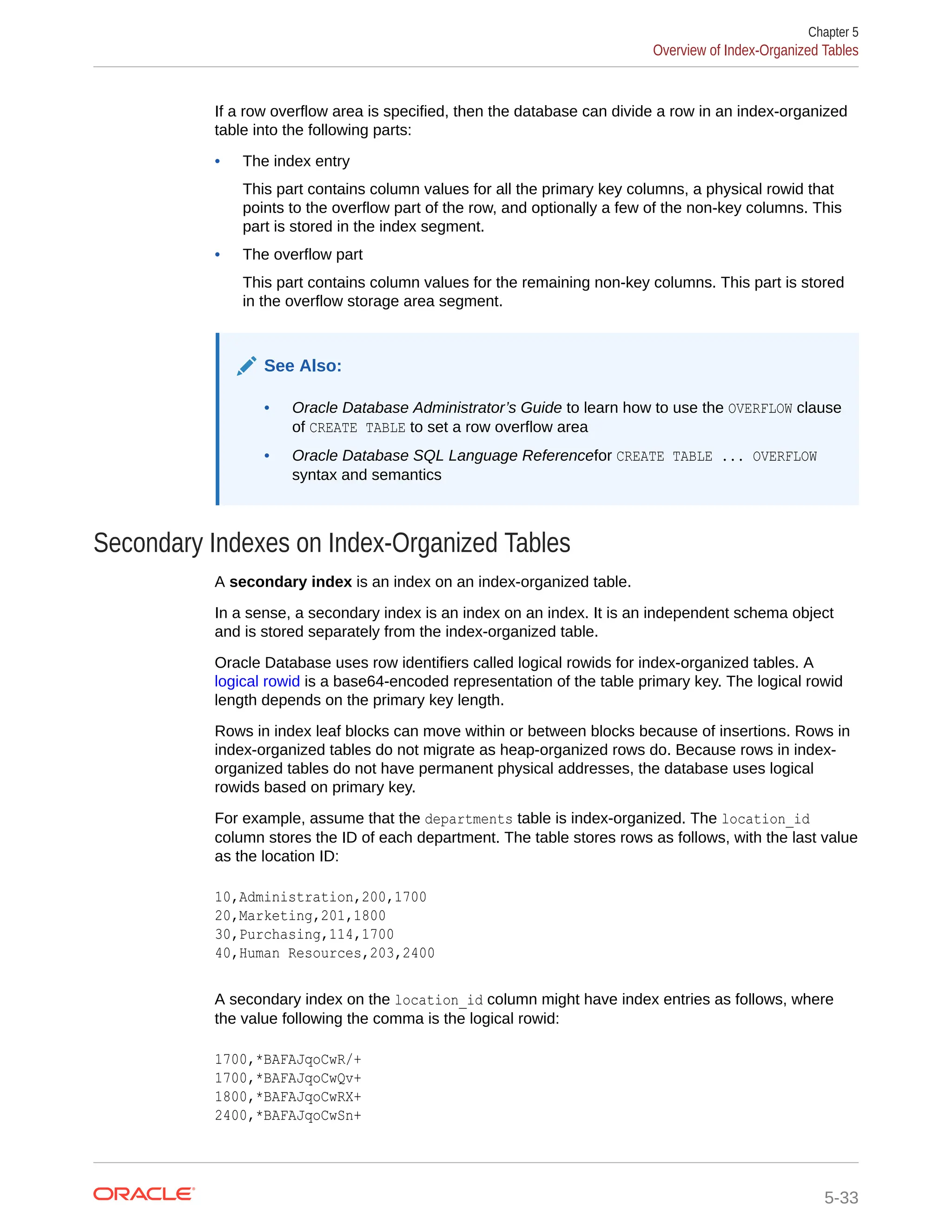 If a row overflow area is specified, then the database can divide a row in an index-organized table into the following parts: • The index entry This part contains column values for all the primary key columns, a physical rowid that points to the overflow part of the row, and optionally a few of the non-key columns. This part is stored in the index segment. • The overflow part This part contains column values for the remaining non-key columns. This part is stored in the overflow storage area segment. See Also: • Oracle Database Administrator’s Guide to learn how to use the OVERFLOW clause of CREATE TABLE to set a row overflow area • Oracle Database SQL Language Referencefor CREATE TABLE ... OVERFLOW syntax and semantics Secondary Indexes on Index-Organized Tables A secondary index is an index on an index-organized table. In a sense, a secondary index is an index on an index. It is an independent schema object and is stored separately from the index-organized table. Oracle Database uses row identifiers called logical rowids for index-organized tables. A logical rowid is a base64-encoded representation of the table primary key. The logical rowid length depends on the primary key length. Rows in index leaf blocks can move within or between blocks because of insertions. Rows in index-organized tables do not migrate as heap-organized rows do. Because rows in index- organized tables do not have permanent physical addresses, the database uses logical rowids based on primary key. For example, assume that the departments table is index-organized. The location_id column stores the ID of each department. The table stores rows as follows, with the last value as the location ID: 10,Administration,200,1700 20,Marketing,201,1800 30,Purchasing,114,1700 40,Human Resources,203,2400 A secondary index on the location_id column might have index entries as follows, where the value following the comma is the logical rowid: 1700,*BAFAJqoCwR/+ 1700,*BAFAJqoCwQv+ 1800,*BAFAJqoCwRX+ 2400,*BAFAJqoCwSn+ Chapter 5 Overview of Index-Organized Tables 5-33 