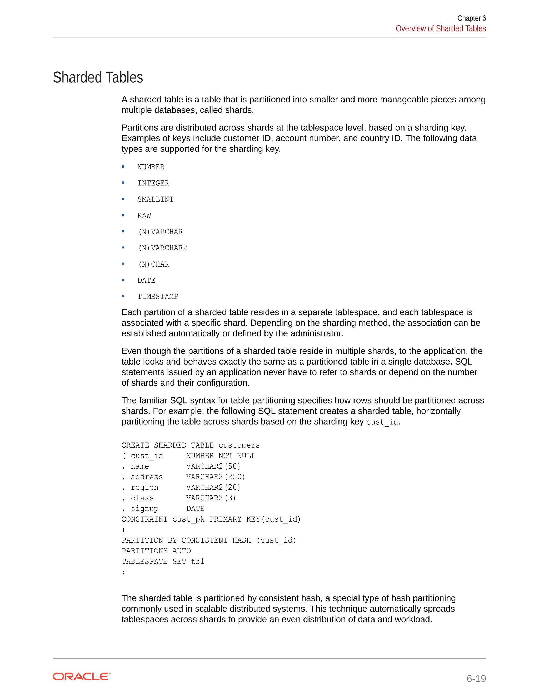 Sharded Tables A sharded table is a table that is partitioned into smaller and more manageable pieces among multiple databases, called shards. Partitions are distributed across shards at the tablespace level, based on a sharding key. Examples of keys include customer ID, account number, and country ID. The following data types are supported for the sharding key. • NUMBER • INTEGER • SMALLINT • RAW • (N)VARCHAR • (N)VARCHAR2 • (N)CHAR • DATE • TIMESTAMP Each partition of a sharded table resides in a separate tablespace, and each tablespace is associated with a specific shard. Depending on the sharding method, the association can be established automatically or defined by the administrator. Even though the partitions of a sharded table reside in multiple shards, to the application, the table looks and behaves exactly the same as a partitioned table in a single database. SQL statements issued by an application never have to refer to shards or depend on the number of shards and their configuration. The familiar SQL syntax for table partitioning specifies how rows should be partitioned across shards. For example, the following SQL statement creates a sharded table, horizontally partitioning the table across shards based on the sharding key cust_id. CREATE SHARDED TABLE customers ( cust_id NUMBER NOT NULL , name VARCHAR2(50) , address VARCHAR2(250) , region VARCHAR2(20) , class VARCHAR2(3) , signup DATE CONSTRAINT cust_pk PRIMARY KEY(cust_id) ) PARTITION BY CONSISTENT HASH (cust_id) PARTITIONS AUTO TABLESPACE SET ts1 ; The sharded table is partitioned by consistent hash, a special type of hash partitioning commonly used in scalable distributed systems. This technique automatically spreads tablespaces across shards to provide an even distribution of data and workload. Chapter 6 Overview of Sharded Tables 6-19 