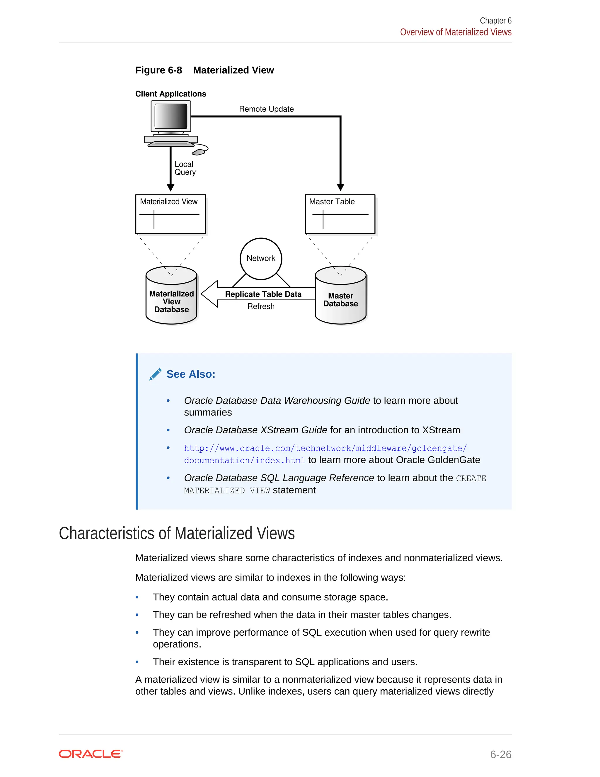 Figure 6-8 Materialized View Replicate Table Data Network Refresh Materialized View Master Database Master Table Client Applications Remote Update Local Query Materialized View Database See Also: • Oracle Database Data Warehousing Guide to learn more about summaries • Oracle Database XStream Guide for an introduction to XStream • http://www.oracle.com/technetwork/middleware/goldengate/ documentation/index.html to learn more about Oracle GoldenGate • Oracle Database SQL Language Reference to learn about the CREATE MATERIALIZED VIEW statement Characteristics of Materialized Views Materialized views share some characteristics of indexes and nonmaterialized views. Materialized views are similar to indexes in the following ways: • They contain actual data and consume storage space. • They can be refreshed when the data in their master tables changes. • They can improve performance of SQL execution when used for query rewrite operations. • Their existence is transparent to SQL applications and users. A materialized view is similar to a nonmaterialized view because it represents data in other tables and views. Unlike indexes, users can query materialized views directly Chapter 6 Overview of Materialized Views 6-26 